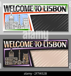 Vektorlayouts für Lissabon mit Kopierfläche, dekorativer Gutschein mit umreissender Darstellung der lissabonner Stadtlandschaft am Tag- und Nachthimmel, Kunst Stock Vektor