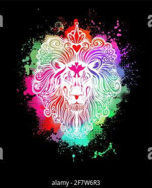 Der Löwe ist von den Blots mehrfarbig. Logo mit Löwenkopf-Symbol. Gemischte Medien. Vektorgrafik Stock Vektor