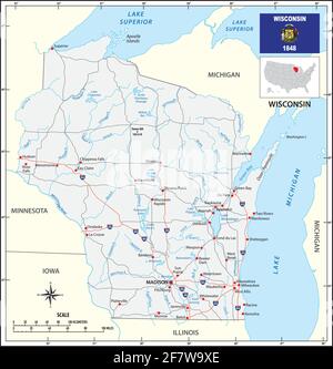 Straßenkarte des US-Bundesstaates Wisconsin mit Flagge Stock Vektor