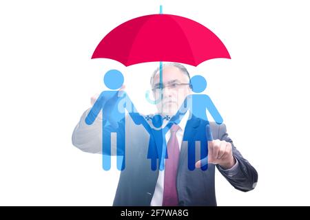 Lebensversicherungs-Konzept mit dem Geschäftsmann Taste drücken Stockfoto