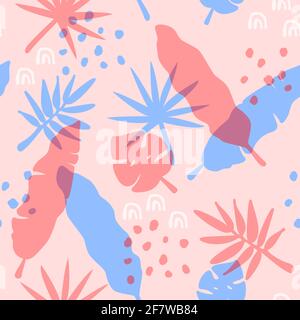 Vektor nahtloses Muster mit tropischen Blättern und Elementen in Farben Overlay-Stil. Modernes Design für Tapete, Textil, Stoff, Geschenkpapier Stockfoto