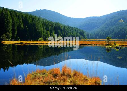 Moränensee kleiner Arbersee mit dem Gross Arber im Nationalpark Bayerischer Wald. Herbstlandschaft in Deutschland. Stockfoto