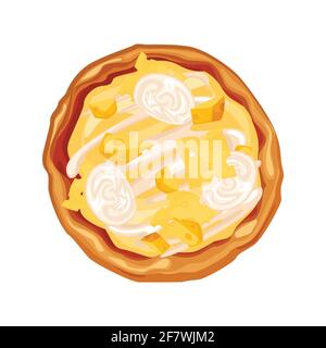 Käse Pizza ganz und mit einem Stück geschnitten, Käse erstreckt sich appetitlich, mit Stücken von Mozzarella und Hartkäse. Stock Vektor