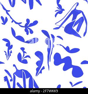 Nahtlose blaue Mustercollage im Fauvismus- und matisse-Stil. Französische Kunst florales Muster für Mode und Dekoration Industrie. Isoliert auf Weiß Stockfoto