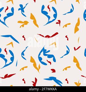 Nahtloses Muster mit abstrakter Blumenform. Design in matisse und französischer Kunst und Cut-Out-Stil. Grundfarbe mit weißem Hintergrund. Muster für Fash Stockfoto
