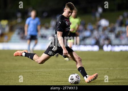 10. April 2021; Leichardt Oval, Sydney, New South Wales, Australien; A League Football, Sydney Football Club gegen Melbourne City; Connor Metcalfe aus Melbourne City trifft ein Tor Stockfoto