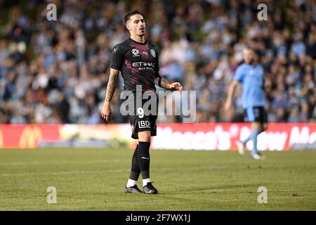 10. April 2021; Leichardt Oval, Sydney, New South Wales, Australien; A League Football, Sydney Football Club gegen Melbourne City; Jamie Maclaren von Melbourne City verfehlt eine gute Torchance Stockfoto