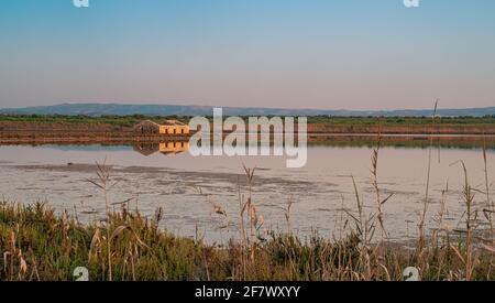 Am frühen Morgen leuchtet im Sommer die Lagune von Vendicari, Provinz Syrakus, Sizilien, Italien. Stockfoto