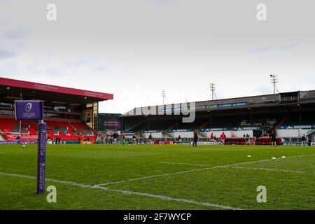 10. April 2021; Mattoli Woods Welford Road Stadium, Leicester, Midlands, England; European Rugby Challenge Cup, Leicester Tigers gegen Newcastle Falcons; BLICK auf das Mattoli Woods Stadium, während sich die Spieler aufwärmen Stockfoto