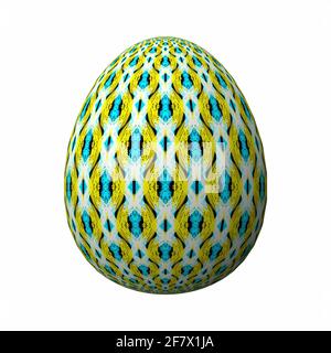 Frohe Ostern, kunstvoll gestaltetes und farbenfrohes 3D-osterei, 3D-Illustration auf Weiß Stockfoto