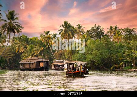 Atemberaubende Aussicht auf ein Boot, das während eines wunderschönen Sonnenuntergangs auf den Nebengewässern des Alleppey segelt. Kerala, Indien. Stockfoto