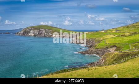 Wunderschöne Küste mit Klippen und türkisfarbenem Wasser. Kleiner Coumeenoole Beach und Slea Head auf der Dingle Peninsula, Wild Atlantic Way, Kerry, Irland Stockfoto