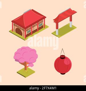 japanisches Gebäude Tor Baum Laterne Stock Vektor