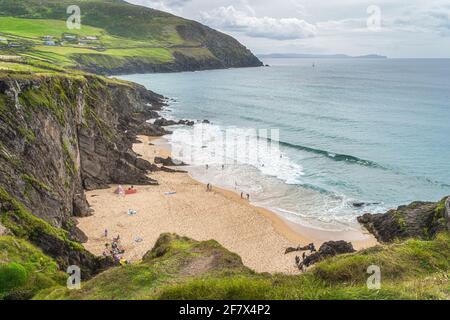 Menschen, die in türkisfarbenen See schwimmen, und Familien, die sich am Coumeenoole Beach entspannen, versteckt zwischen Klippen, Dingle, Wild Atlantic Way, Kerry, Irland Stockfoto