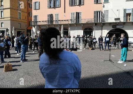 10. April 2021, Brescia, Brescia, Italien: Protest der Krankenschwestern, um die Freiheit der Impfung zu fordern. Sie wollen den obligatorischen Impfstoff nicht (Foto: © Matteo Biatta/ZUMA Wire) Stockfoto