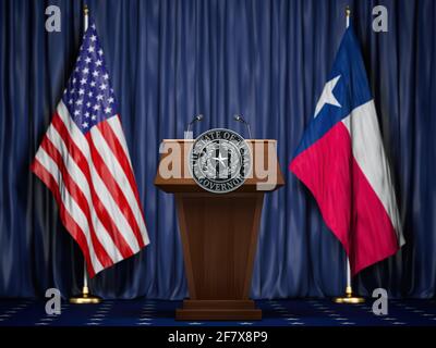 Pressekonferenz des Gouverneurs des Staates Texas Konzept. Großes Siegel des Staates Texas auf der Tribüne mit Flagge der USA und des Staates Texas. 3D illust Stockfoto