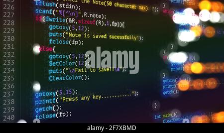 Abstract moderne Technologie der Programmierung Code-Bildschirm-Entwickler. C Programmiersprache von Computer-Skript und Technologie Hintergrund der Software. Stockfoto