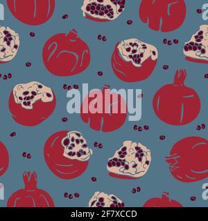 Vektor nahtloses Muster mit Granatapfelfrüchten und Samen. Vektor Früchte Muster. Stock Vektor