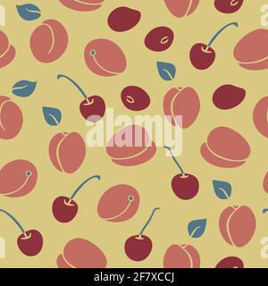 Vektor nahtloses Muster mit Aprikose und Kirschfrüchten auf gelbem Hintergrund. Sommerliches Fruchtdesign. Stock Vektor