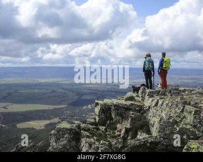 Wanderer Paar auf einem felsigen Berg mit ihren Hunde genießen die malerische Aussicht Stockfoto
