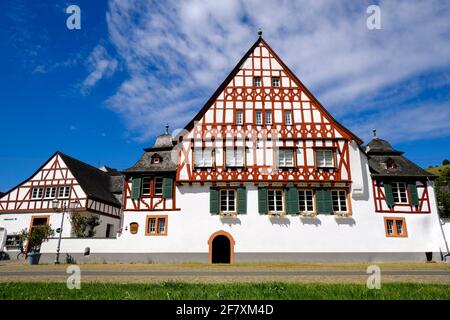 DEU, Deutschland, Rheinland-Pfalz, Zell, 19.05.2020: Prächtiges altes Fachwerkhaus, das zum Weingut Treis gehoert, im Weinort Zell-Kaimt an der Mosel Stockfoto