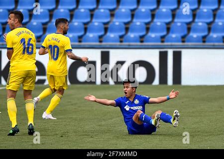 GETAFE, SPANIEN - 10. APRIL: Takefusa Kubo von Getafe CF reagiert während des La Liga Santander-Spiels zwischen Getafe CF und Cadaz CF im Coliseum Alfonso Pere Stockfoto