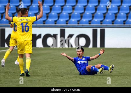 GETAFE, SPANIEN - 10. APRIL: Takefusa Kubo von Getafe CF reagiert während des La Liga Santander-Spiels zwischen Getafe CF und Cadaz CF im Coliseum Alfonso Pere Stockfoto