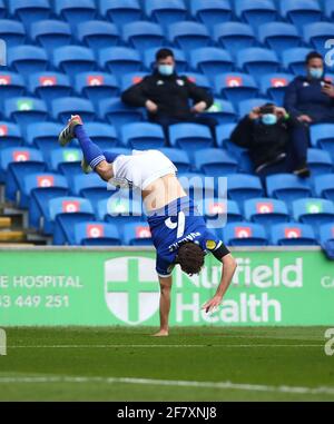 Cardiff, Glamorgan, Wales, Großbritannien. 10. April 2021; Cardiff City Stadium, Cardiff, Glamorgan, Wales; English Football League Championship Football, Cardiff City gegen Blackburn Rovers; will Vaulks aus Cardiff City feiert das erste Tor seiner Mannschaft und macht es 1-0 in der 27. Minute Kredit: Action Plus Sports Images/Alamy Live News Stockfoto