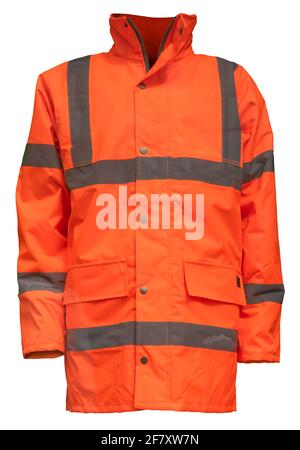 Eine orangefarbene Sicherheitsjacke mit hoher Sichtbarkeit (Hi Vis), isoliert auf WEISSEM Hintergrund Stockfoto