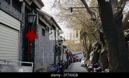 Roller auf beiden Seiten der kleinen Straße mit Haus und Bäumen in der Altstadt von Peking. Stockfoto