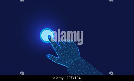 Knopf und polygonale Hand auf dunkelblauem Hintergrund. Polygonale Abbildung. Jetzt bewerben - Personalkonzept. Stockfoto