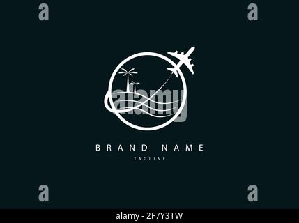 Ein Linienkunstlogo des Reisebüros umfasst Flugzeug und Bäume Stock Vektor