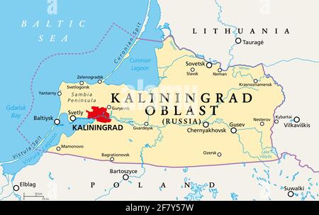 Oblast Königsberg, politische Landkarte. Das Gebiet von Königsberg, föderales Subject und Halbenklave Russlands, liegt an der Küste der Ostsee. Stockfoto