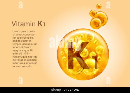 Vitamin K1. Baner mit Vektorbildern von goldenen Kugeln mit Sauerstoffblasen. Gesundheitskonzept. Stock Vektor