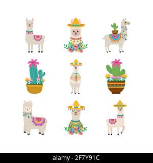 Lama entzückende Tier Hut Blumen Stock Vektor