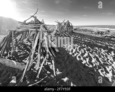 Drift Wood Art Installation on the Beach in, Cambria California Abstract, California Central Coast. Foto von Jennifer Graylock-Graylock.com Stockfoto