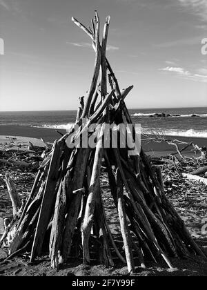 Drift Wood Art Installation on the Beach in, Cambria California Abstract, California Central Coast. Foto von Jennifer Graylock-Graylock.com Stockfoto