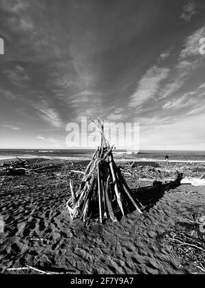 Drift Wood Art Installation on the Beach in, Cambria California Abstract, California Central Coast. Foto von Jennifer Graylock-Graylock.com Stockfoto