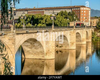 Bögen von Puente de Piedra spiegeln sich im Wasser des Rio Ebro, Logrono, Spanien, 18. Oktober 2009 Stockfoto