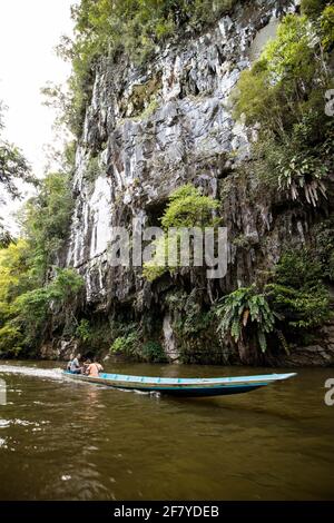 Fahrt mit dem Boot auf dem Melinau-Fluss, Mulu, Malaysia Stockfoto