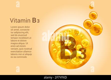 Vitamin B3. Baner mit Vektorbildern von goldenen Kugeln mit Sauerstoffblasen. Gesundheitskonzept. Stock Vektor