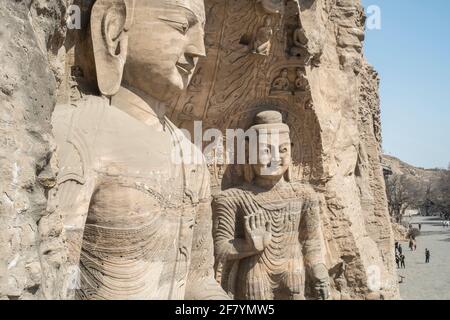 Yungang-Grotten, frühe buddhistische Höhlentempel, UNESCO-Weltkulturerbe, Shanxi, China. Cave 20. Stockfoto