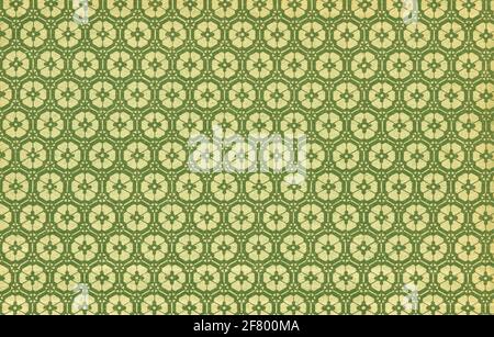 Gebrauchte florale Vintage-Tapete in grün und gelb - natürlich Körnige Papieroberfläche Stockfoto