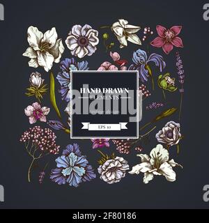 Quadratisches Blumenmuster auf dunklem Hintergrund mit Anemone, Lavendel, Rosmarin Everlasting, phaenopsis, Lilie, iris Stock Vektor