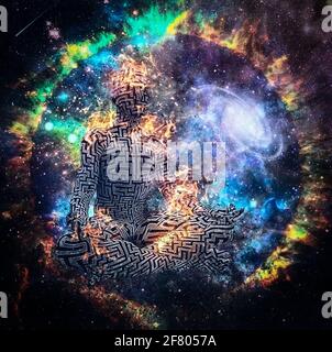 Surrealismus. Figur des Mannes mit Labyrinth-Muster in Lotus Pose in Flammen. 3D-Rendering. Meditation im Weltraum. Stockfoto
