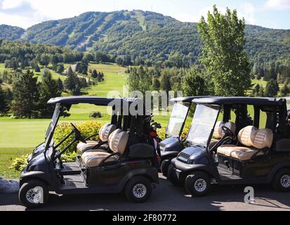 Golfwagen vor einem Golfplatz geparkt Stockfoto