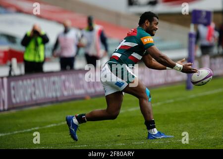 Leicester, Großbritannien. März 2021. LEICESTER, ENGLAND. 10. APRIL: Kini Murimurivalu von Leicester Tigers in Aktion beim European Rugby Challenge Cup Quarter Final Match zwischen Leicester Tigers und Newcastle Falcons am Samstag, 10. April 2021 in der Welford Road, Leicester. (Quelle: Chris Lishman) Quelle: MI News & Sport /Alamy Live News Stockfoto