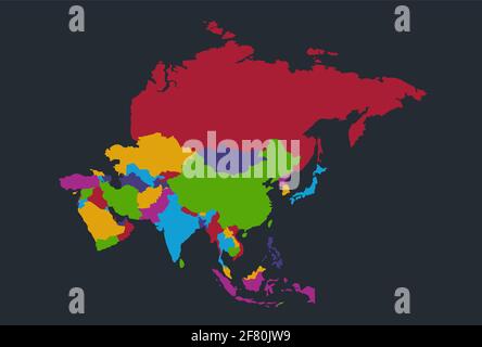 Infografiken Asien-Karte, flache Designfarben, einzelne Zustände, blauer Hintergrund leer Stockfoto