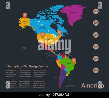 Infografiken Amerika-Karte, flache Designfarben, mit Namen der einzelnen Staaten und Inseln, blauer Hintergrund mit orangenen Punkten Vektor Stock Vektor