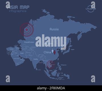 Asien-Karte, mit Namen der einzelnen Staaten, Infografiken blau flach Design-Vektor Stock Vektor